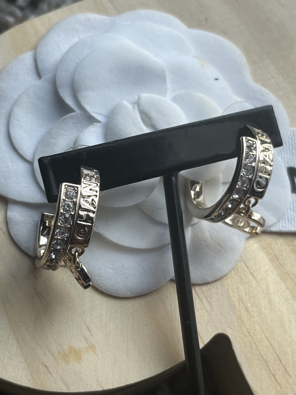 Authentic CHANEL Gold-Tone Crystal Small Hoop Earrings